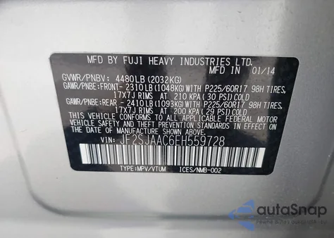 2014 Subaru Forester 2.5I z USA, uszkodzony, nr VIN JF2SJAAC6EH559728